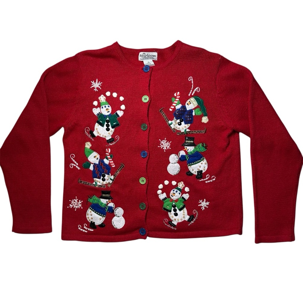 Vtg Ugly Christmas Sweater Snowman Red Cardigan Youth 16 / Women's XS S Petite